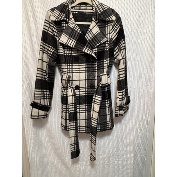 JOUJOU Double Breasted Plaid Pea Coat Cream/Black Jacket Belted Pockets Size M‎ - Picture 1 of 12